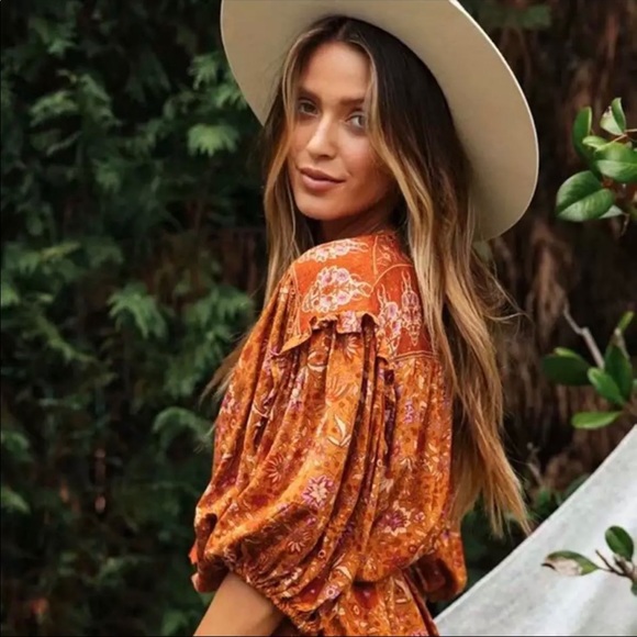 Orange Boho Floral Gypsy Print Dress Ruffle - Picture 3 of 5